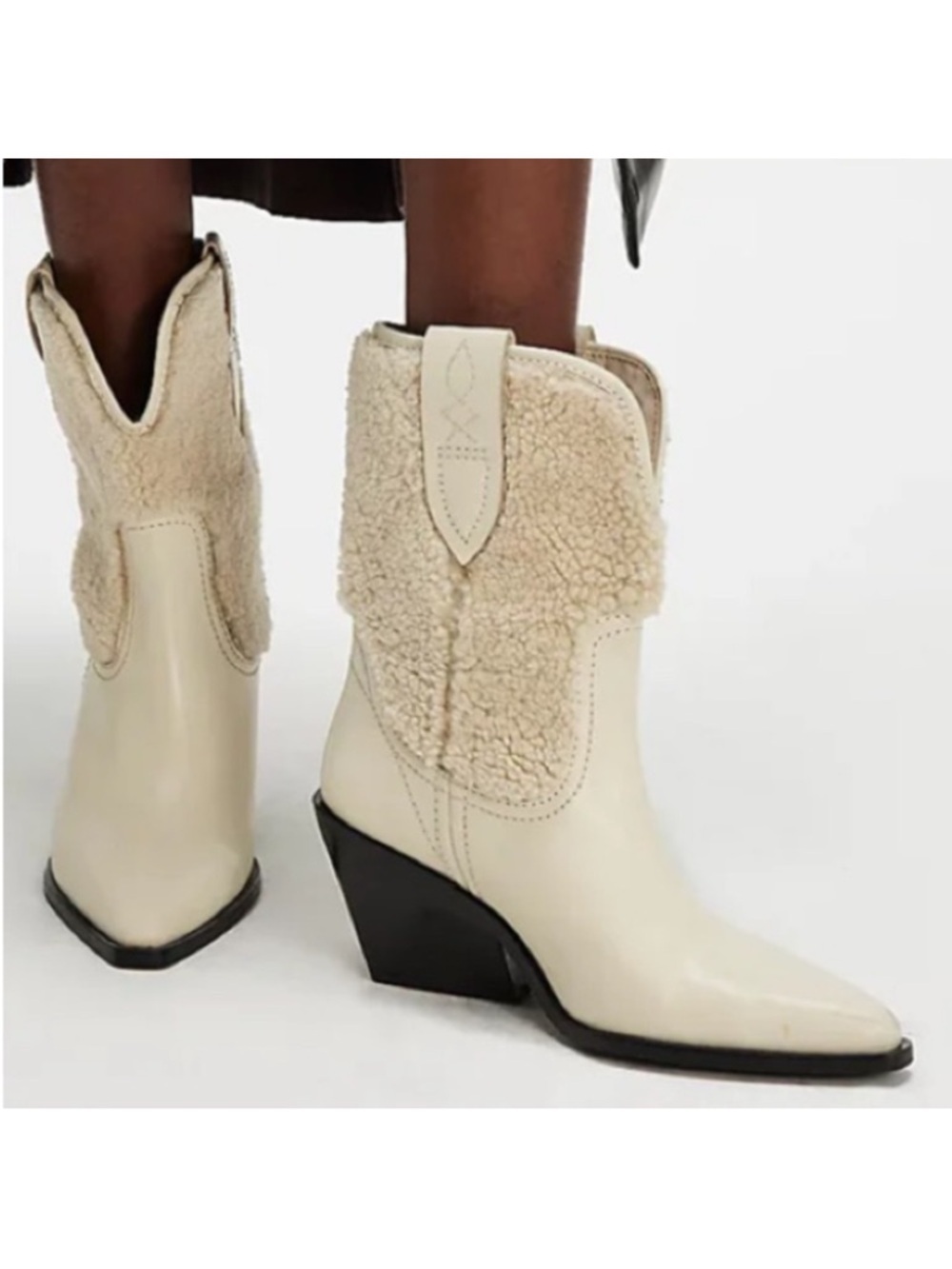 NEW Free People Leather Pitchfork Point Shearling Western Boots Size 8